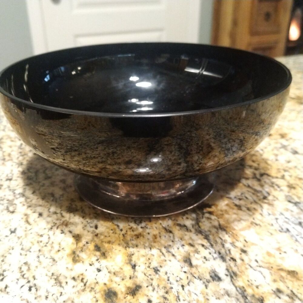 Vintage Atlantis Black Glass Vintage Serving Bowl Portugal Metal Base